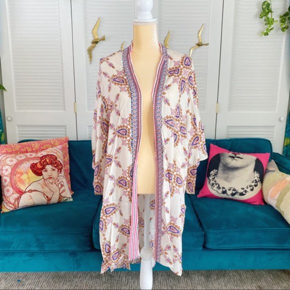 Gigio | Aster Ivory Pink Open Front Kimono Boho Bohemian Paisley Medallion Large - Picture 3 of 15